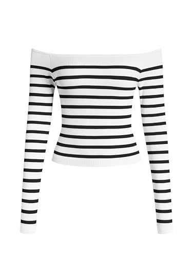 OQQ Women Off The Shoulder Knit Top Tide Striped T-Shirts Fitted Basic Tee 2025 Crop Tunics