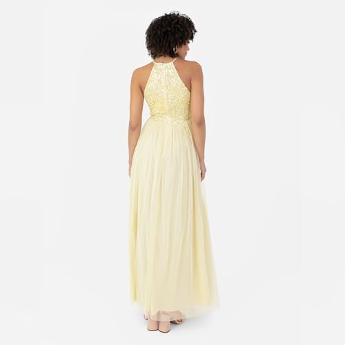 Maya Deluxe Damen Maya Deluxe Womens Ladies Bridesmaid Maxi Dress Halter Neck Sequin Embellished Prom Graduation Wedding Brautjungfernkleid, Lemon, 6