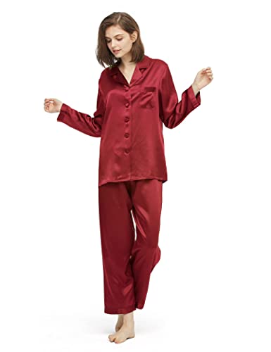 LilySilk Real Silk Pyjamas for Women Comfy Classic 2Pcs Set Sleepwear Long Sleeve 100% Pure Mulberry Natural Silk Loungewear Ladies (Claret M)