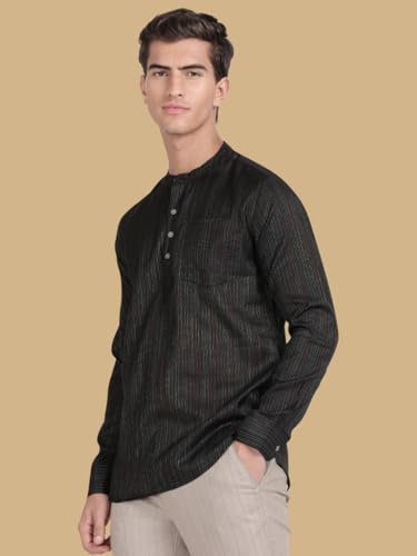 Image of KRYPTIC Men's Full Sleeve Regular Fit Short Kurta in Premium Pure Cotton with Patch Pocket and Mandarin Collar - Perfect Blend of Style and Comfort