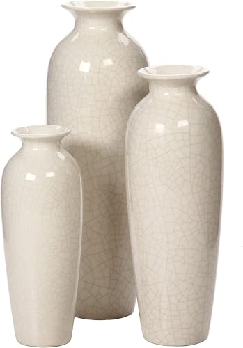 Hosley Set of 3 Crackle Ivory Ceramic Vases. Ideal Gift for Floral Arrangements Wedding or Special Occasions for Use in Home Office Decor Spa Aromatherapy Settings