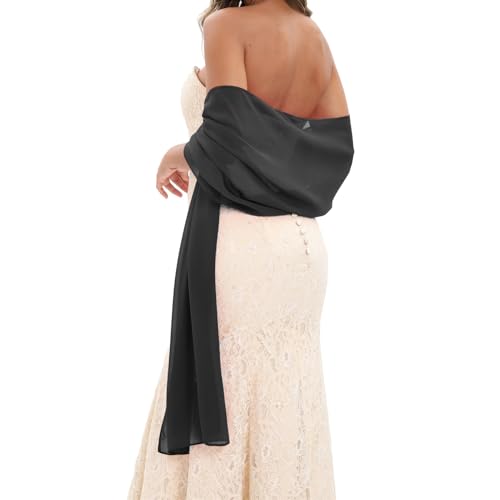 GIBZ Châle en Mousseline de Soie Longue Foulard Étole Femme Élégant Transparent Cape Mariage Mariée Soirée Couleur Unie Noir 200x45cm