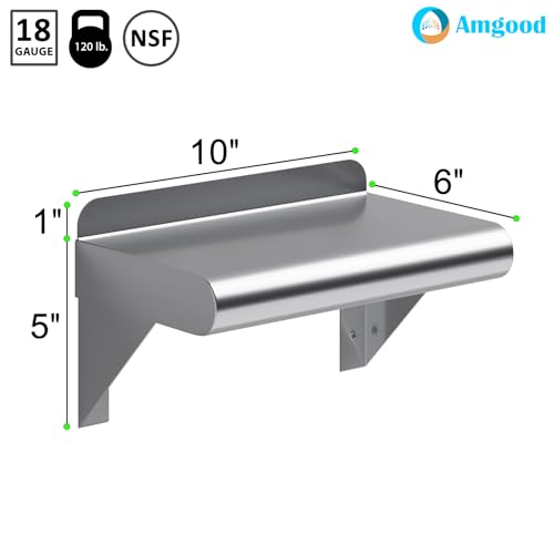 Image of AmGood 6 in. x 10 in. Stainless Steel Wall Shelf | NSF | Metal Shelving | Garage, Laundry, Storage, Utility Room | Restaurant, Commercial Kitchen