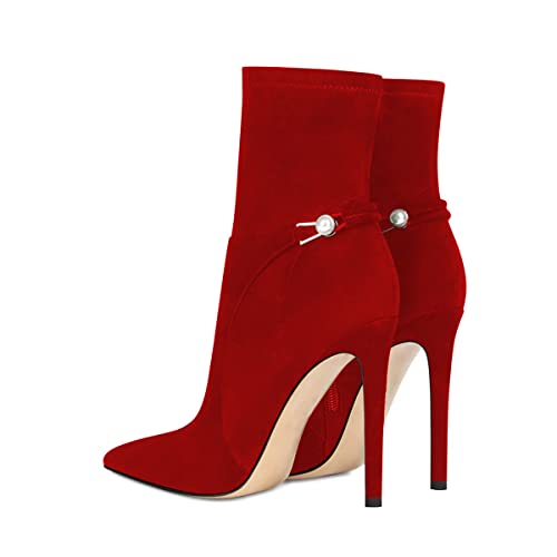 YDN Women Sexy Closed Pointed Toe Stretchy Suede Mid Calf Ankle Boots Stiletto High Heel Pearl Buckled Booties Formal Outfit Shoes Size 4-15 US3