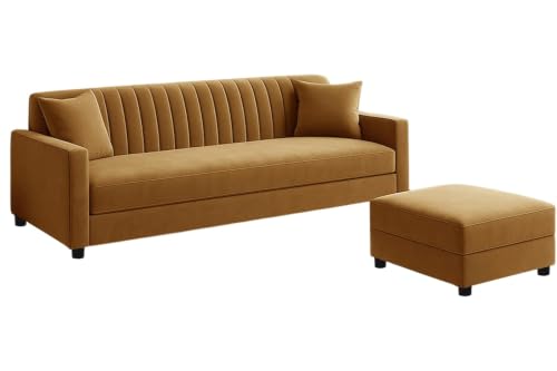 Image of Rosebell Sofa with Ottoman Combo Three Seater Sofa Set with Matching Footrest for Living Room & Office, Guest Room - Golden Color
