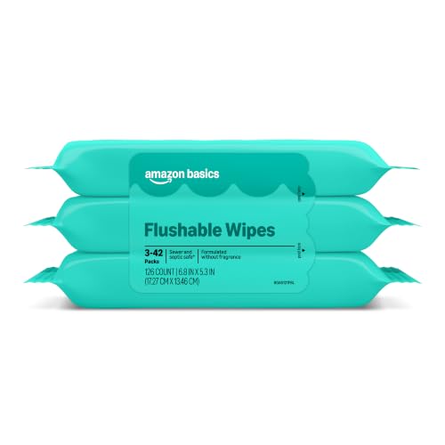 Amazon Basics Adult Wet Wipes Flushable Fragrance Free, 126 Count (3 Packs of 42), Packaging May...