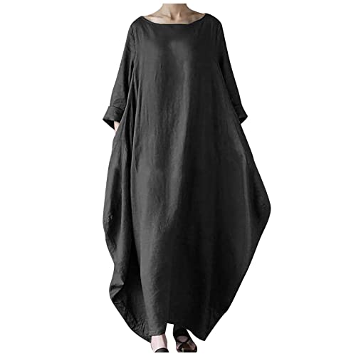 Cotton Linen Dress Maxi Kaftan Dresses for Women UK Plus Size 3/4 Sleeve Long Dress Baggy Casual Summer Shirt Dresses Boho Beach Party Sundress Plain Basic Tunic Dress Office Work Black