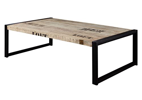 MASSIVMOEBEL24.DE | Factory massiver Couchtisch #111 - Natur Bedruckt | aus Mango-Holz Eisen | 140x80cm | im Industrial-Stil | Kaffeetisch Beistelltisch Sofatisch