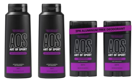 Art of Sport Men’s 2-in-1 Body Wash and Shampoo with Charcoal Activated + Deodorant, Sandalwood- Defy