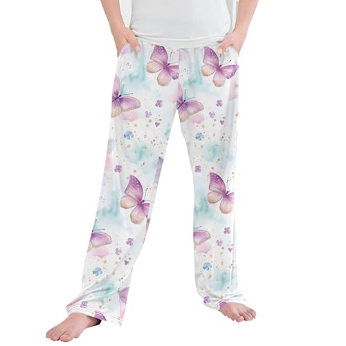Butterfly Long Pajama Pants Elastic Waist PJ Bottoms with Pockets S A111343