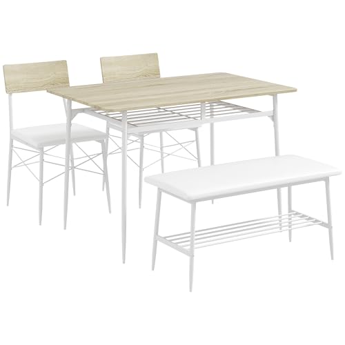 VSOGA Juego de mesa de comedor con 2 sillas, banco, juego de 4 mesas de cocina con estante para 4 personas, grupo de comedor para espacios pequeños, cocina, salón, roble
