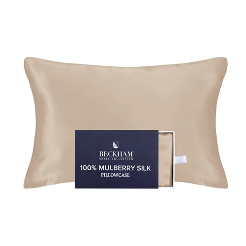 Image of Beckham Hotel Collection Silk Pillow Case with Zipper, 100% Mulberry Silk Pillowcase for Hair & Skin, 22 Momme 6A Grade, Oeko-TEX Certified, 1PC, King, Champagne