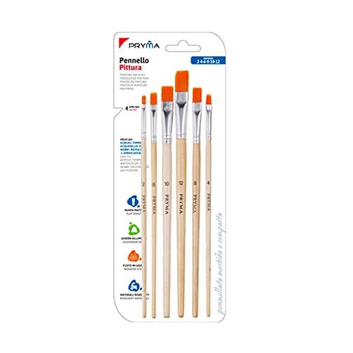 Pryma Set Pennelli da Pittura Punta Piatta | 6 Misure | Ideali per Acrilico, Olio, Acquerello e Tempera | Set Professionale per Artisti e Hobbisti