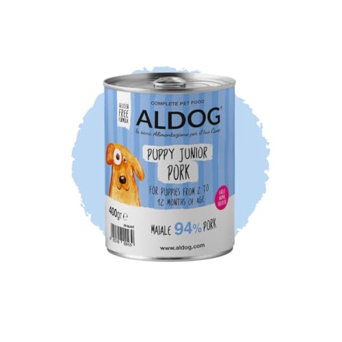 Puppy Aldog húmedo perro sabor cerdo, paté para perros cachorros de todos los tamaños y razas, alimento completo para perros cachorros | 6 latas de 400 gramos cada una.