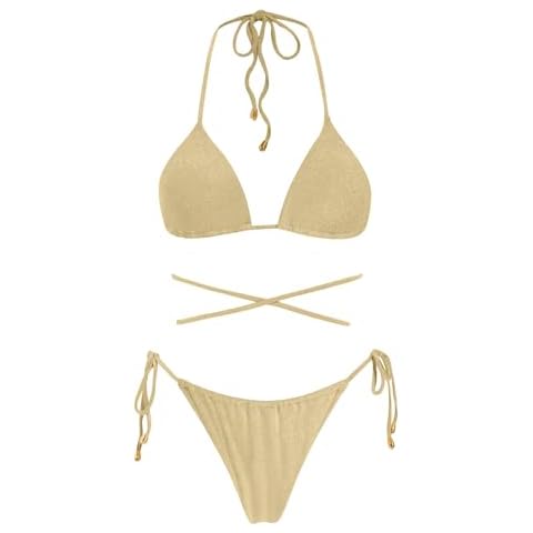 VOLAFA Women's Triangle Bikini String Swimsuit Solid Tie Metallic Shiny Halter Two Piece Bathing Suit Set (Large, Beige) Cover