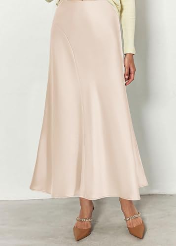 Image of KIRUNDO Women's Satin Maxi Skirt 2026 Summer Fall Trendy High Waisted Wedding Cocktail Party Work Silk A-Line Formal Skirts