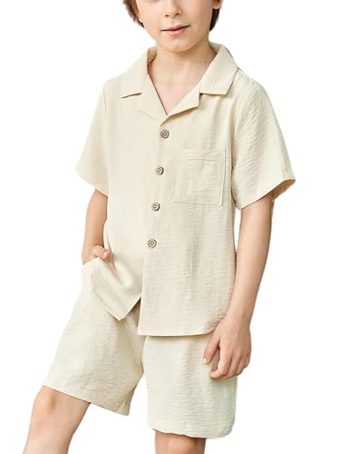 Image of Arshiner Boy's Button Down Shirt and Shorts Set Summer Short Sleeve Children Two Pieces Casual Outfits Beige 5-6Years