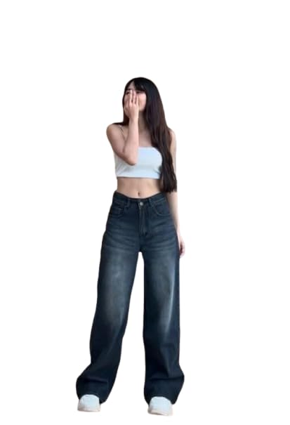 Image of Women's High Waist Baggy Wide Leg Jeans for Women - Loose Fit Washed Black Denim Pants with Straight Palazzo Style, Relaxed Streetwear Korean Trousers
