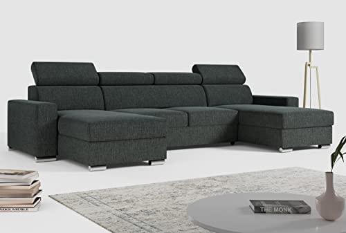 MKS MEBLE Sofa U Form Mit Schlaffunktion, Wohnlandschaft XXL, Couch Mit Bettkasten - Fox U Dunkelgrau Matana