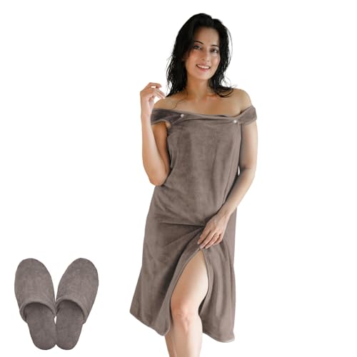 Image of Sassoon Venir Microfiber Bath Wrap Towel with Slippers for Women (Pack of 1) - Sandstone Color