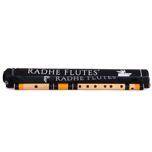 Image of Radhe Flutes Bamboo Bansuri C Sharp Right Handed Middle Octave (18 inch) With Hard Cover (Beige Flute With Black & Orange Threads)
