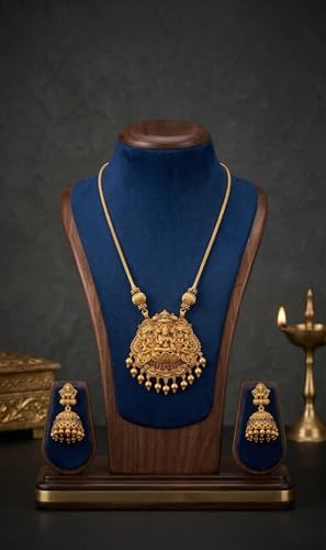 Image of Traditional Gold-Plated Lakshmi Temple Pendant Necklace Set for Women | Antique South Indian Jewelry with Jhumka Earrings | Ethnic Bridal, Wedding & Festive Jewelry Set