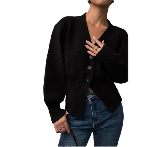 Women's V-Neck Sweater, Lantern Sleeve Short Sweater, Solid Color Retro Cardigan