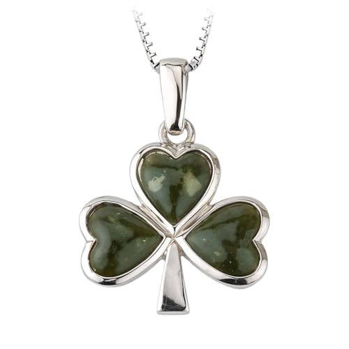 Biddy Murphy Genuine Irish Shamrock Necklace with Connemara Marble - 925 Sterling Silver Celtic Jewelry Assay Hallmarked in Dublin, Made in Ireland, Three-Leaf Clover Pendant with 18