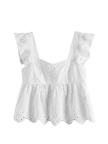 SheIn Women s Sleeveless Eyelet Embroidery Ruffle Hem Flared Peplum Blouse Top White M