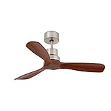 FARO BARCELONA 33508 - Mini LANTAU Ventilador de Techo sin luz - Cuerpo de Metal Color níquel - 3 Palas de Madera Natural Color Pino - Mando a Distancia Incluido