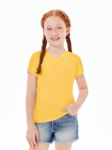 Image of Haloumoning Girls V Neck T-Shirts Kids Summer Swiss Dot Short Sleeve Tops Cute Fashion Tees 5-14 Years