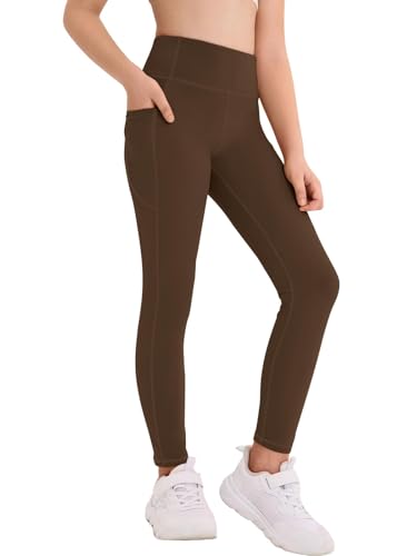 Haloumoning Sportleggins Mädchen Elastisch Einfarbig Sporthose Kinder Lang Yoga Jogging Training Leggings Braun 13-14 Jahre