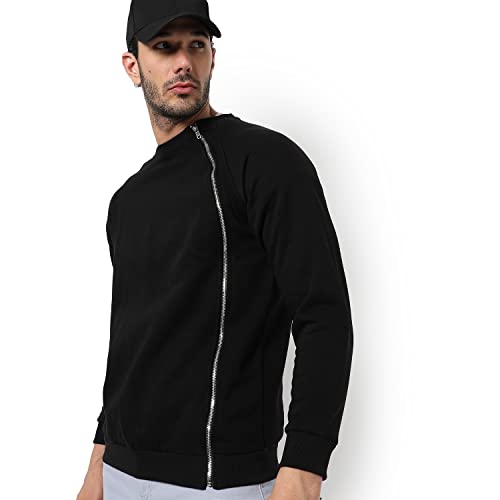 Image of Campus Sutra Men Crew Neck Sweatshirt with Zip Accent Black
