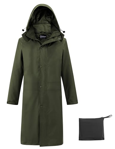Ubon Mens Long Rain Coat Waterproof with Hood, Lightweight Rain Jacket Spring Rainwear for Travel and Hiking, Army Green, Medium