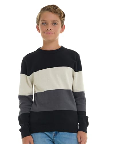 Sezzit Boys 100% Cotton Crewneck Sweater Soft Knit Pullover for Fall and Winter Long Sleeve Warm Knit - Black Stripes - Size 16