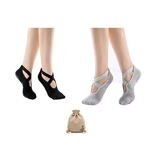 SUNIY Yoga Socken rutschfeste für Damen für Pilates, Barre, Ballett, Tanz (35-41, 2 Paar - Schwarz und Grau) Cover