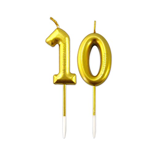 Image of AR Giftzadda 10 Number Golden Chrome Candle Cake Topper for 10th Birthday /Anniversary Party Celebrations Pack of 1 (2 No. Candle) (10 Number Gold Chrome Candle)