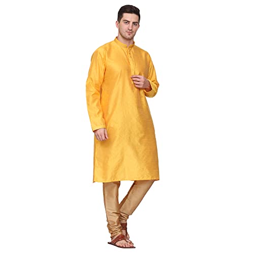 Men's Tunic Art Silk Kurta Pyjama Pajama Set Party Fashion Regular Ethinic Wear Indian Dress Gift for Men Orange Medium3