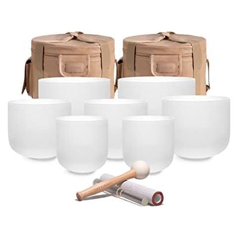 SITSANG 6-10 Inch Set of 7 Random Crystal Singing Bowls White with FREE Heavy Duty Carrying Case and Singing Bowl Rubber Mallet and Suede Striker Cover