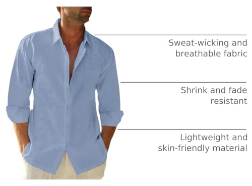 Image of JEKAOYI Mens Button Down Cotton Linen Shirts Casual Long Sleeve Beach Tops