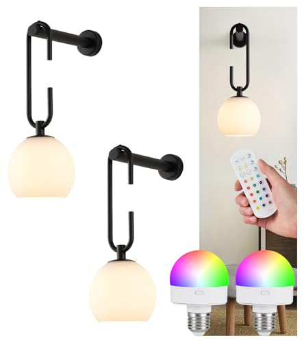 Image of Glass Globe Wall Sconces Set of 2, Battery Operated Wall Light with Remote, Indoor Wireless Wall Lights with Dimmable 12RGB Colors Light Bulbs for Bedroom Living Room Hallway(Black)
