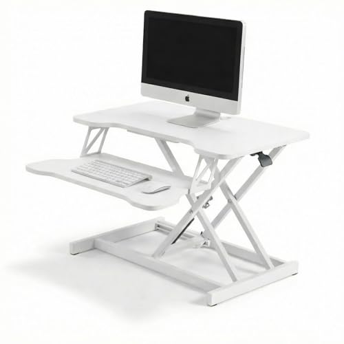 Image of TARKAN Standing Desk Converter, Height Adjustable Workstation, Hydraulic Sit Stand Desk Riser (65cmx40cm TableTop, 50cm Height) (White)