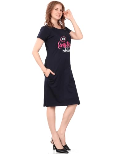 Image of Printed Knee Length Pocket Night Dresses for Women | Cat Lovers | Premium Soft Cotton Nighty | Sky Blue