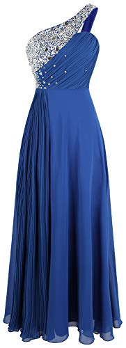 Angel-Fashions - Robe de soirée Douce et asymétrique Laissant Une épaule dénudée, ornée de Perles et de Fronces, Bleu Marine, 44
