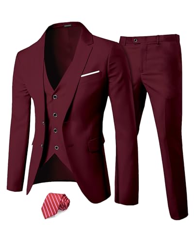 Hihawk Men’s 3 Pieces Suit, Slim Fit Tuxedo with Two Buttons, Jacket Vest Pants & Tie Set for Party, Wedding and Business
