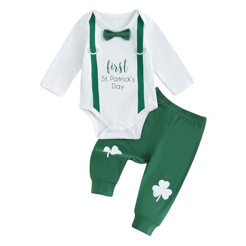 Muasaaluxi St Patricks Day Baby Boy Outfit Long Sleeve My First St. Patricks Day Romper Shirts Green Long Pants Set (White+Green, 6-12 Months)