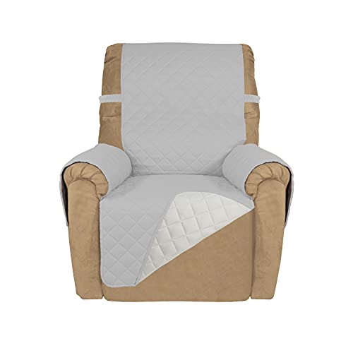 Image of PureFit Reversible Quilted Sofa Cover, Water Resistant Slipcover Furniture Protector, Washable Couch Cover with Non Slip and Elastic Straps for Kids, Dogs, Pets (Small Recliner, Light Gray /Ivory)