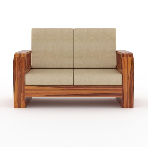 Image of Sheesham Wood 2-Seater Sofa - Solid Wood Couch with Natural Finish & Cream 40-Density Cushions | Wooden Sofa Set for Living Room & Office