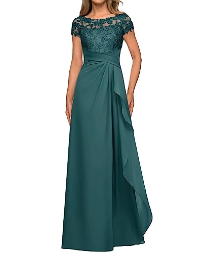 Mother of The Bride Dresses for Wedding with Cap Sleeves Lace Applique Chiffon Long Formal Prom Gowns for Women