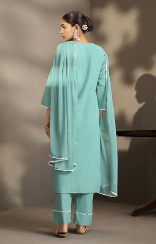 Image of DRESOUL Women Pure Cotton Schiffli Embroidered Kurta Set and Dupatta